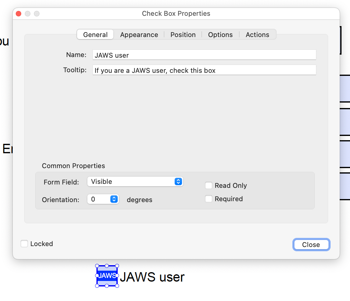 General tab on the Check Box Properties dialog, showing name and tool tip fields for a check box